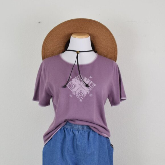 Vintage 90s Crosstich Mauve Knit Top size M - Picture 9 of 9
